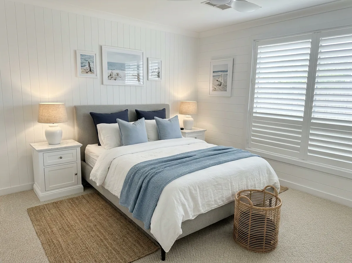 Main bedroom with an unmade bed, plantation shutters and beige carpet, redesigned in Hamptons
