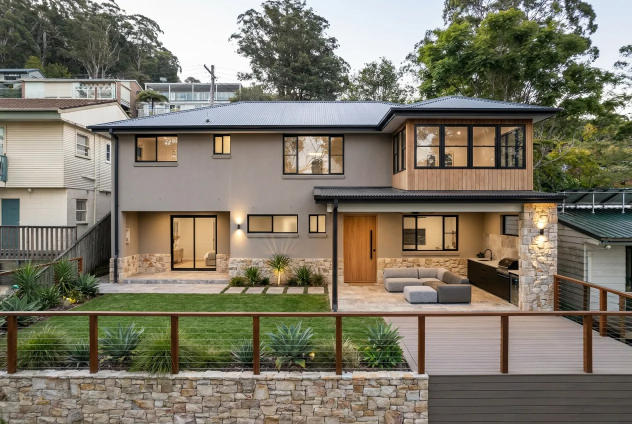 Two storey brick rear facade with a timber fence and an overgrown garden, redesigned in Contemporary