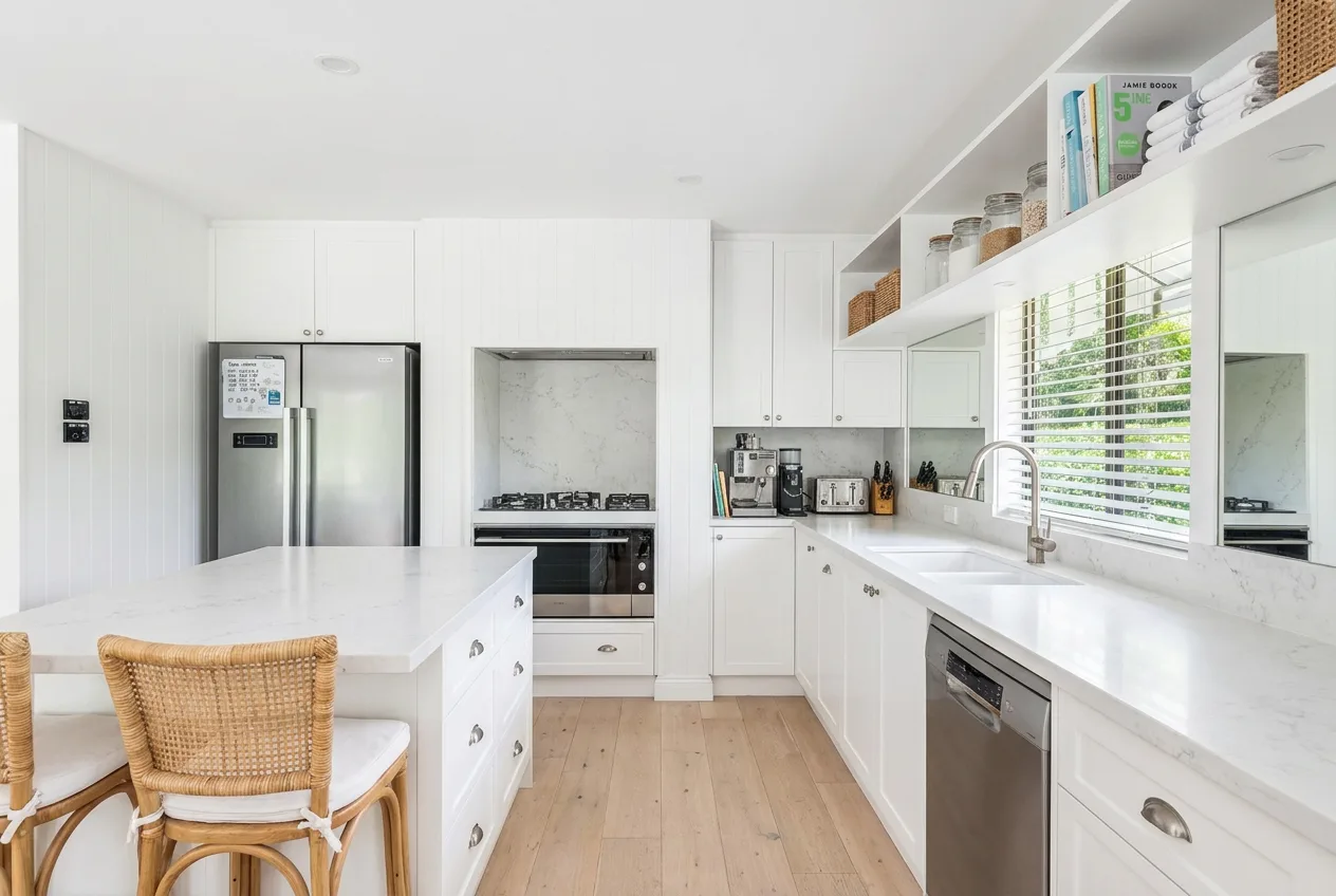 Galley kitchen with navy cabinetry, a pale benchtop and polished timber floorboards, redesigned in Hamptons