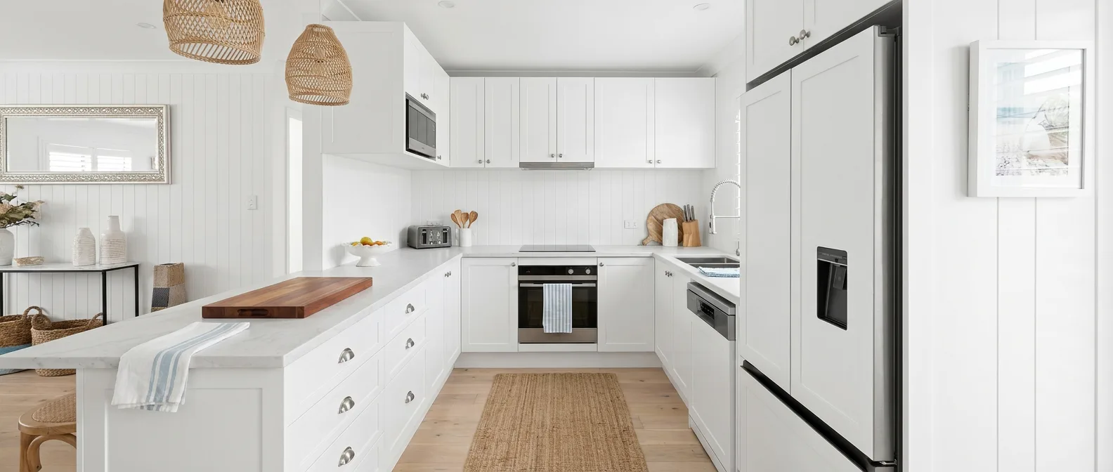 Galley kitchen with navy cabinetry, generated a second time in Hamptons with panelled walls, after
