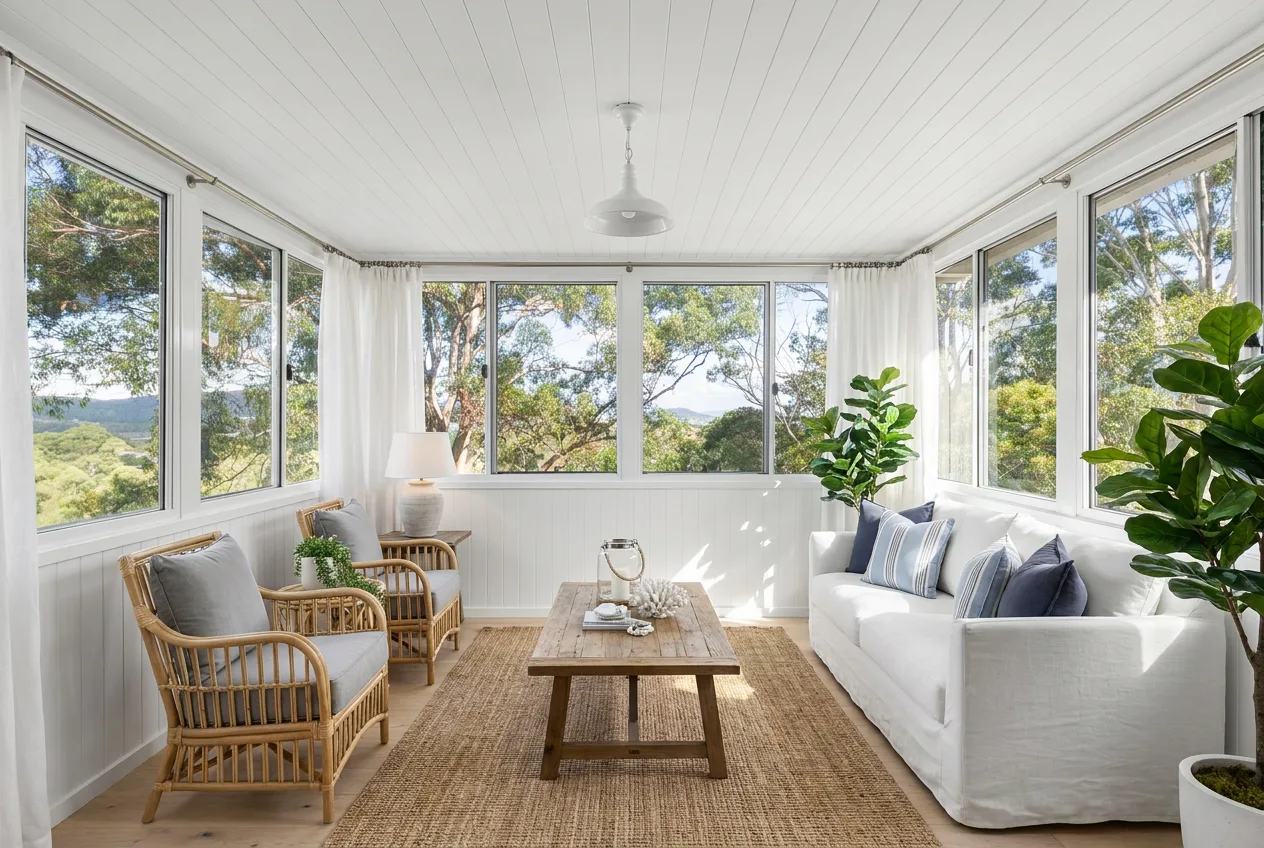 Empty enclosed sunroom with windows on three sides, grey carpet and treetop views, redesigned in Hamptons